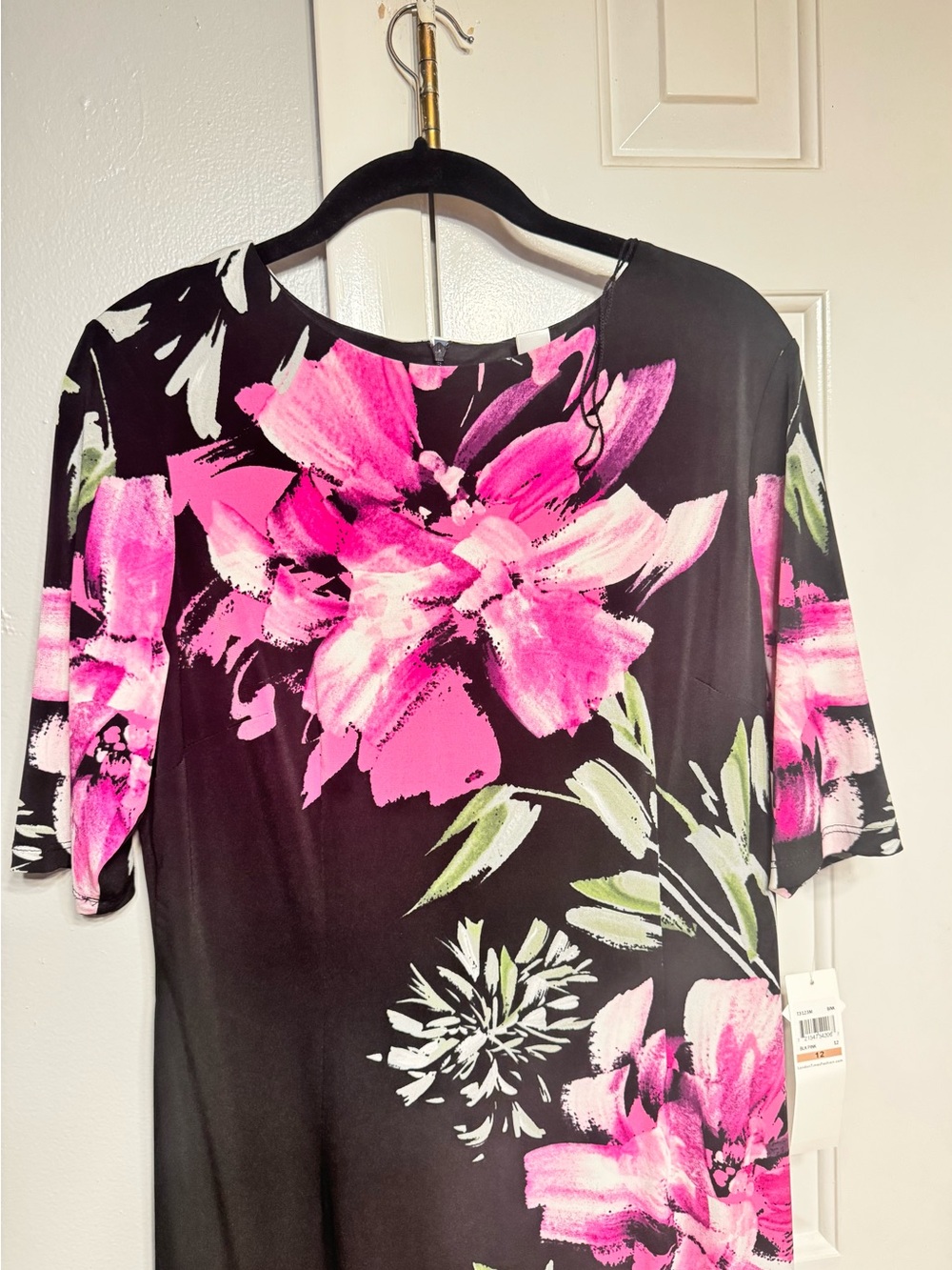 London Times Black Tunic with Bright Pink Floral Print